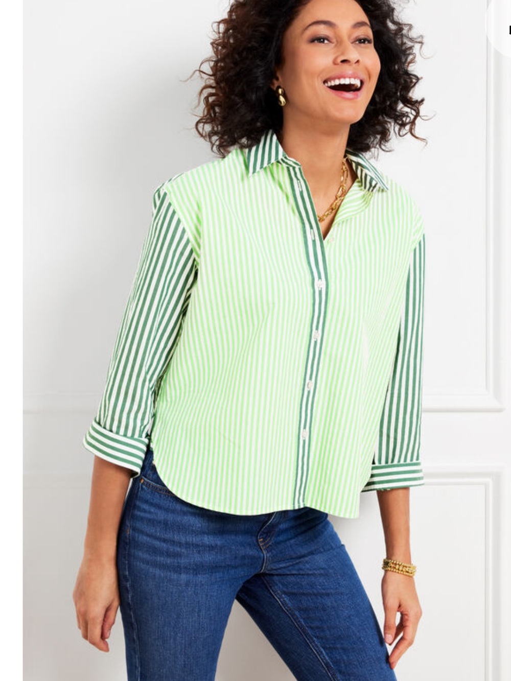 Talbots Petite Small Blooming Stripe Shirt in White/Pistachio Green